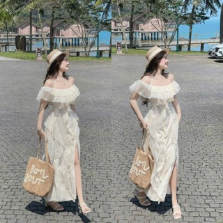  Đầm thời trang nữ chất tơ siêu mịn cho chị em đi biển áo trễ vai quyến rũ có mút thiết kế vây bèo váy maxi suông xẻ tà 