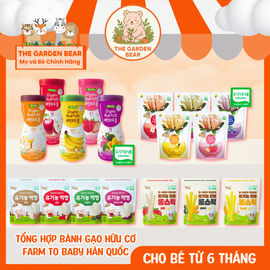 Bánh Gạo Tươi Hữu Cơ Farm to Baby ORGANIC RICE PUFFS Hàn - Dạng Que - Dẹt - Hộp Tròn - Thanh Dài Cho