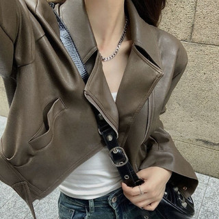  【 - Hàng QC+ Ảnh Shop Áo Khoác Da Nữ Dáng Ngắn Gọn,Cổ Bẻ Có Khoá Kéo Kiểu Basic Hàn Quốc 