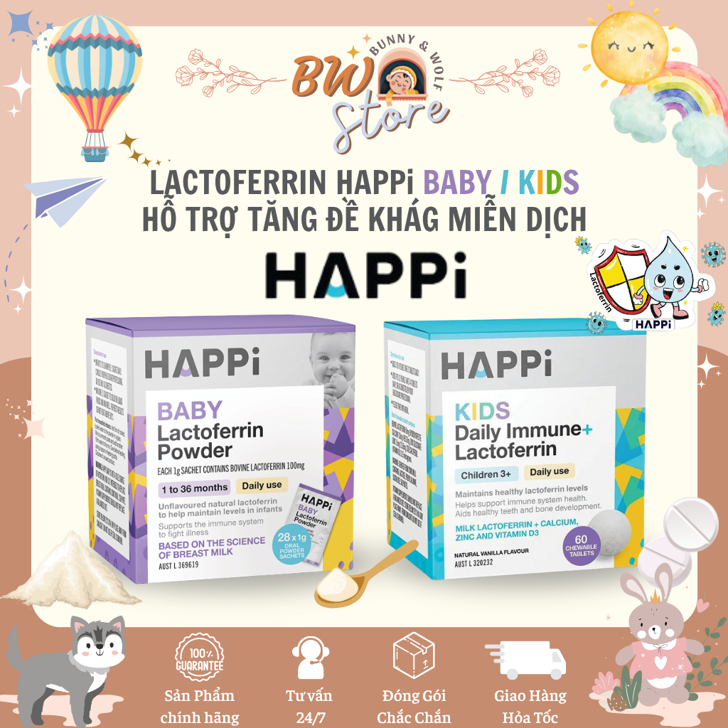 Happi Baby Lactoferrin Powder / Happi Kids Daily Immune + Lactoferrin - Úc - Tăng Đề Kháng cho bé