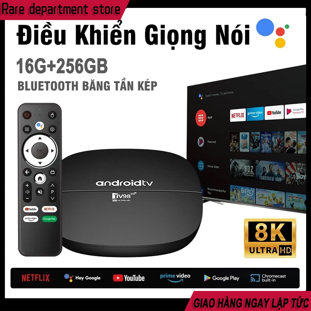 Android TV Box TV98 4K bản 16G+256GB Kết Nối Wifi 5G,Bluetooth 4.0,Bluetooth tần số đôi,Điều khiển từ xa bằng giọng nói