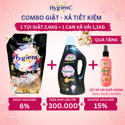 Bộ Đôi: 1 Túi Nước Giặt (2,6kg) + 1 Can Xả Vải (1,1kg) HygienC Plus - Dưỡng Vải, Sạch Vết Bẩn