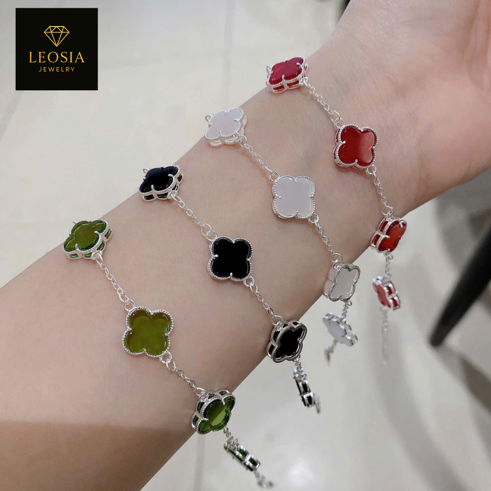 Lắc tay bạc nữ cỏ 4 lá chính hãng LEOSIA JEWELRY LA53 Vòng tay bạc nữ cỏ bốn lá xi kim cao cấp
