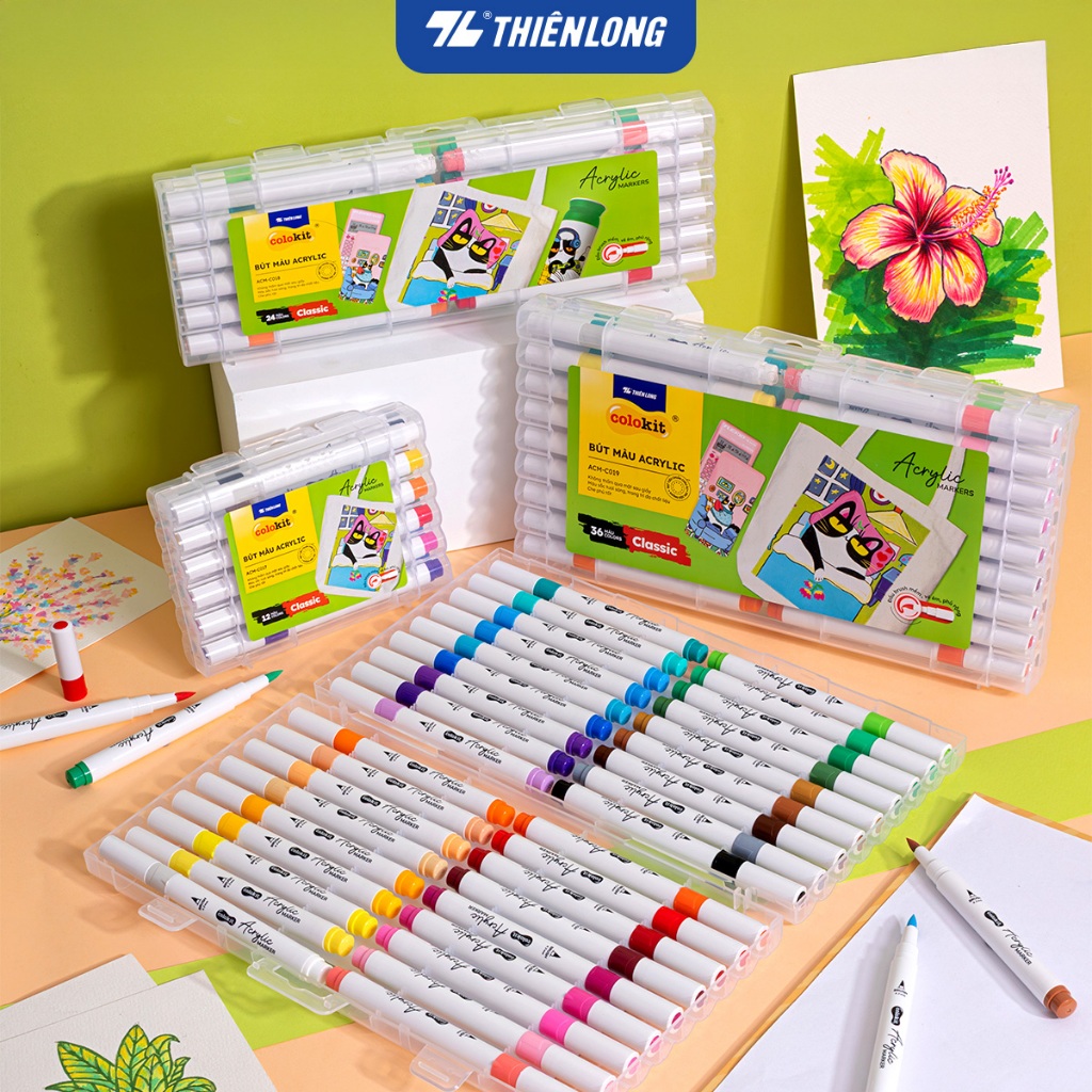  Bút màu Acrylic Markers Thiên Long Colokit 12 24 36 màu - Bút lông màu tươi sáng khô nhanh chồng màu tốt 