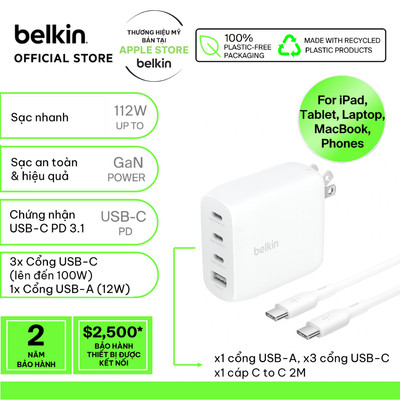 Bộ Adapter sạc nhanh Belkin 112W 4 cổng và cáp C-C 2M, 3 USB-C + 1 USB-A GaN màu trắng
