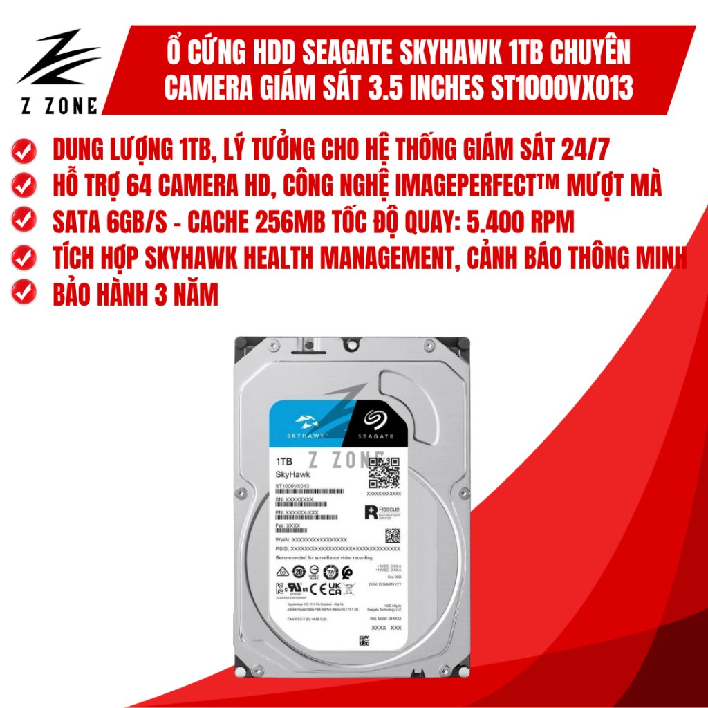 Ổ cứng HDD Seagate SkyHawk 1TB/2TB/4TB, 3.5 inch, 5400RPM, SATA, 256MB Cache (ST1000VX013)