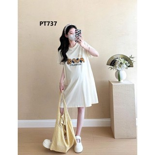 Đầm thun bầu màu kem, xám dáng suông ngắn,đầm cổ tròn chất thun cotton, phong cách năng động-PT737