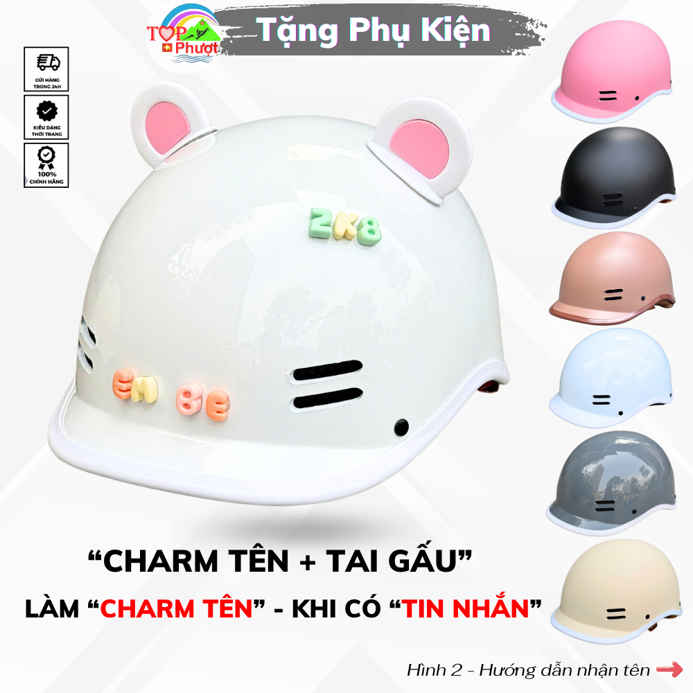 Nón Bảo Hiểm Cá Heo Cao Cấp Màu Trắng – Quà Tặng Kèm Đáng Yêu Tai Gấu Và Charm Tên Gắn Mũ