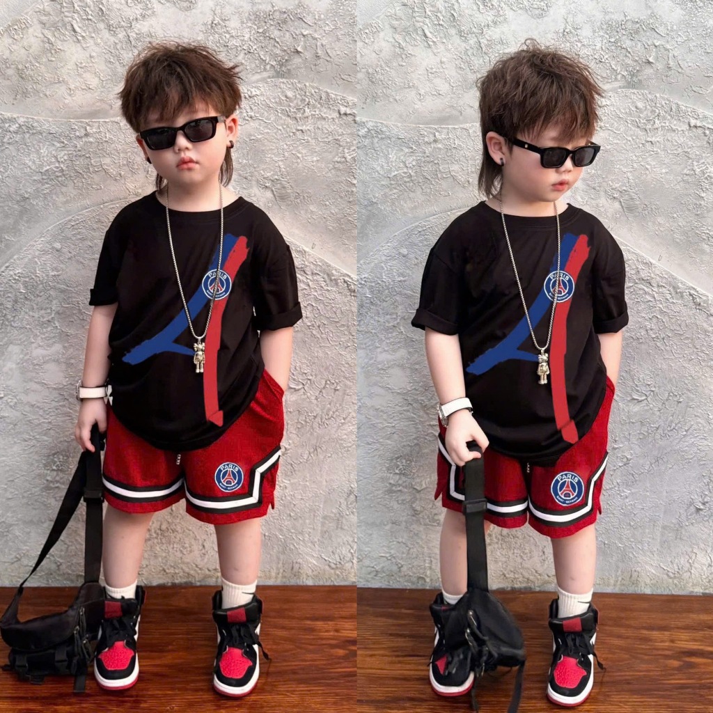  Bộ quần áo cộc tay cho bé trai hình paris chữ A Set áo thun quần short viền đỏ trẻ em,TPKIDS M1126  