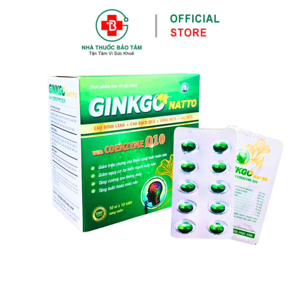 Viên Ginkgo Natto with Coenzyme Q10 PV Hỗ Trợ Tuần Hoàn Máu Não, Giảm Hoa Mắt Chóng Mặt –Hộp 100viên