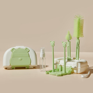 Cọ bình sữa cho bé đầu chải silicon 7 chi tiết có thể gấp gọn kèm hộp đựng hình gấu dễ thương và giá úp bình tiện lợi