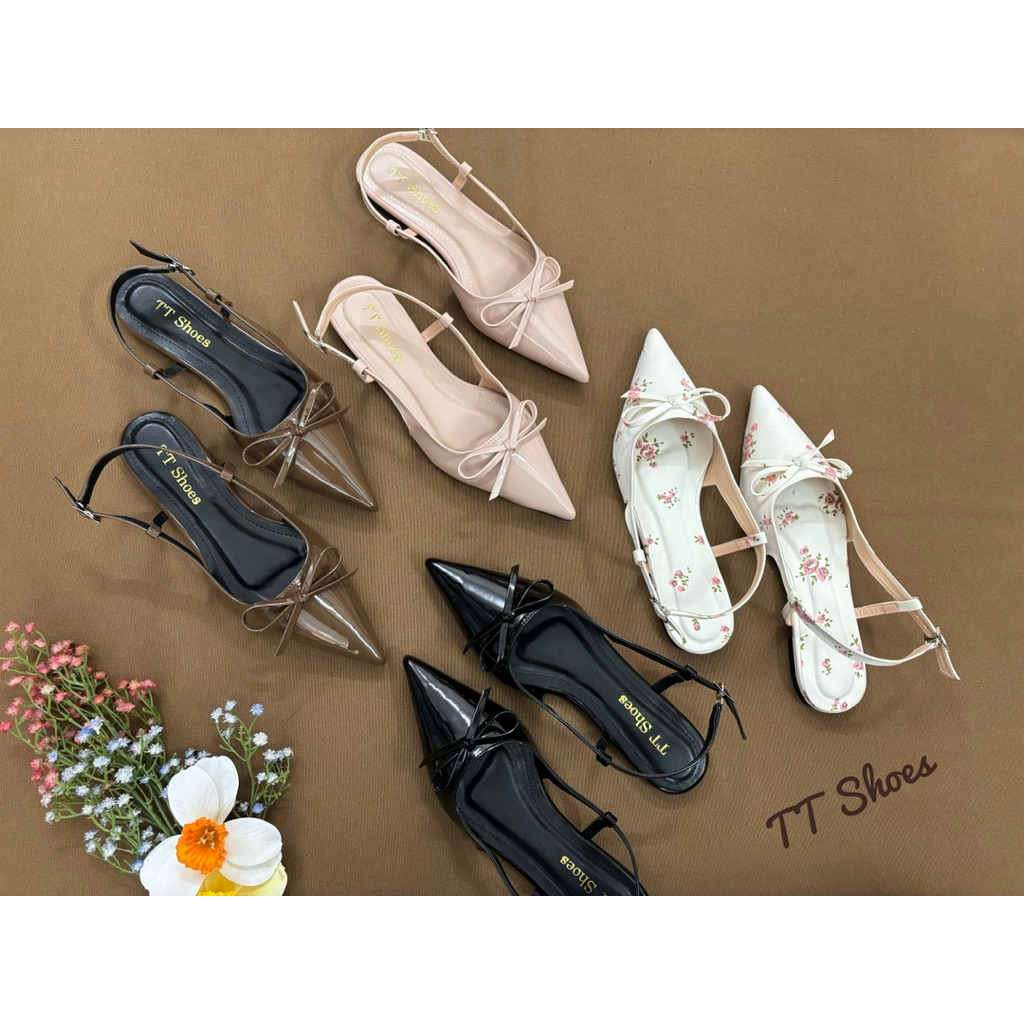 Giày min xẹp đính nơ mũi nhọn da bóng TT Shoes minsonnodabong