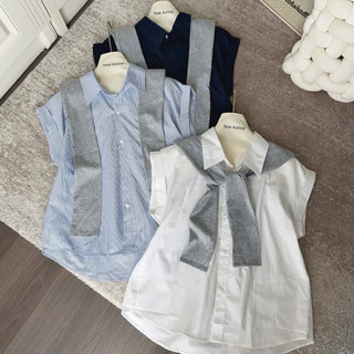 Áo sơ mi nữ tay ngắn 904 phối khăn choàng oversize trơn basic Hàn Quốc