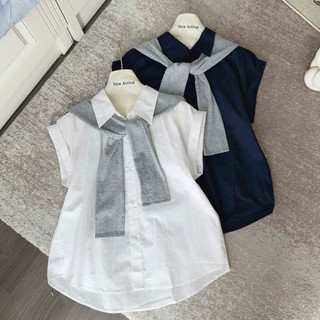 Áo sơ mi nữ tay ngắn 904 phối khăn choàng oversize trơn basic Hàn Quốc