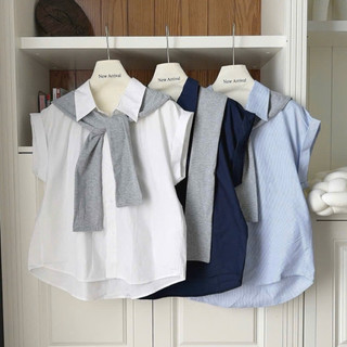 Áo sơ mi nữ tay ngắn 904 phối khăn choàng oversize trơn basic Hàn Quốc