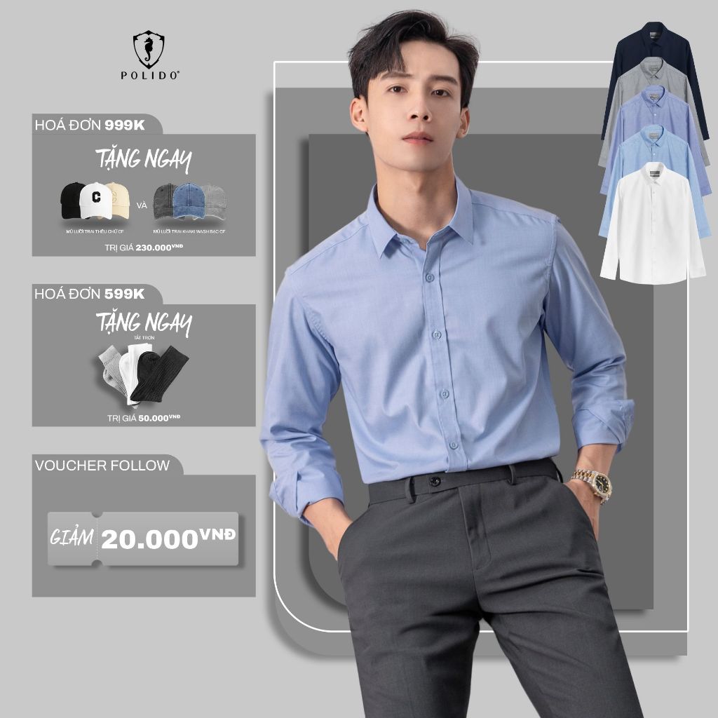 Áo Sơ Mi Trơn Nam Polido Chất Liệu Cotton 5 Màu Thoáng Mát Thấm Hút Mồ Hôi Tốt Thời Trang Nam