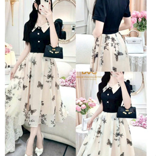 Đầm thời trang Nữ chất cotton lạnh tay ngắn cổ sơmi viền phối tùng váy voan dáng dài qua gối xòe in hình bướm bay