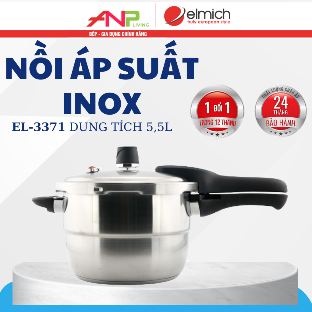 Nồi Áp Suất Elmich EL-3371 Inox 304 5.5L – Dùng Bếp Từ, Gas, Đáy Từ Dày, Nắp Khóa An Toàn