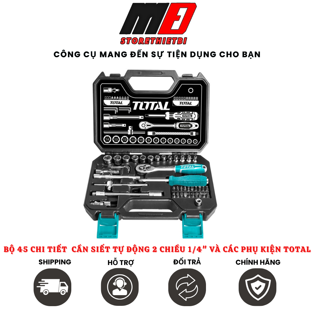 Bộ 45 Chi Tiết Gồm Cần Siết Tự Động 2 Chiều 1/4" Và Các Phụ Kiện TOTAL THT141451