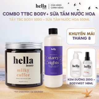 Combo tẩy tế bào chết cho body Hella Beauty 500g + Sữa tắm dưỡng ẩm mịn sạch sâu cho da Hella Beauty