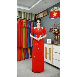  Áo dài màu đỏ tươi cổ yếm  có voan  Lụa Mỹ cao cấp siêu mềm mướt không nhăn dáng ôm tay bồng trẻ trung sang trọng 