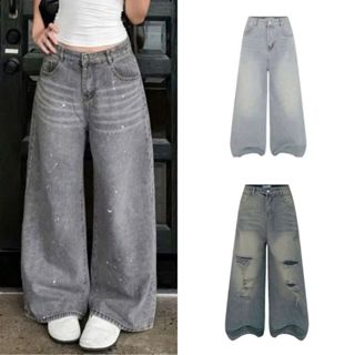 Quần jean lưng cao ống suông phối rách phong cách Retro - 247store