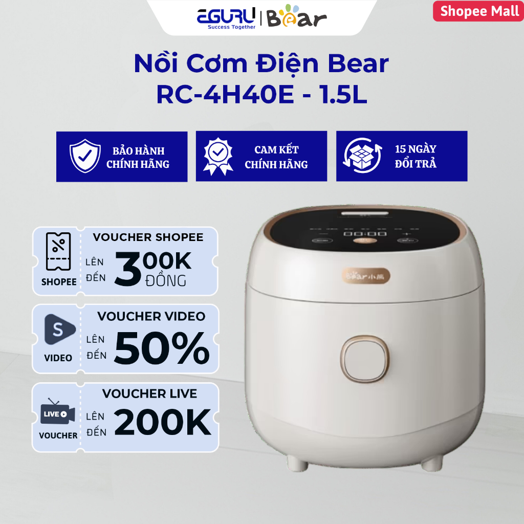 Nồi Cơm Điện 1.5L Bear RC-4H40E | 800W - Chống Dính 5 Lớp - 6 Chế Độ Nấu | BH Chính Hãng 18 Tháng