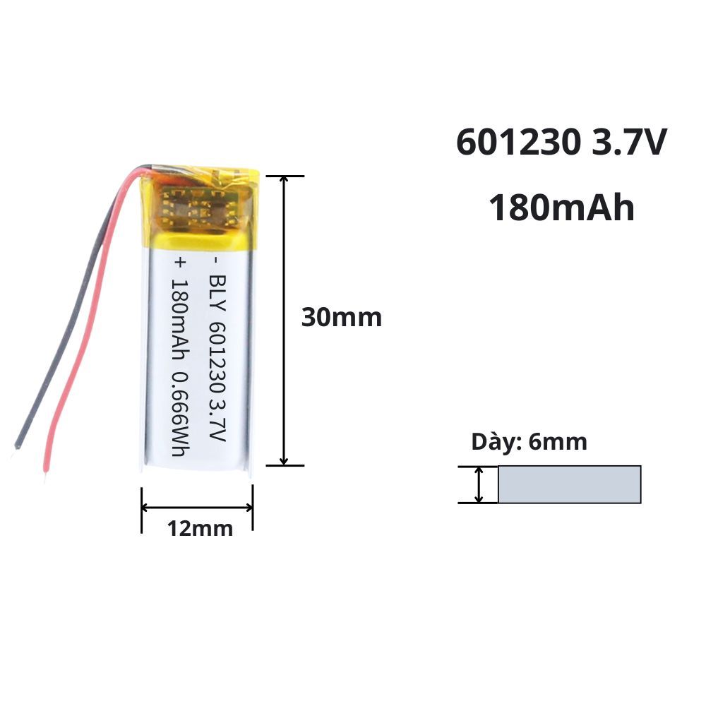 Pin sạc 3.7V 601230, 591231 180mAh cho tai nghe, Loa, thiết bị điện tử