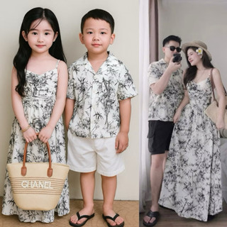 (Set có đồ em bé và người lớn) Sét đôi in cây trúc sơmi nam nữ và áo, váy em bé mặc đi biển cute chụp ảnh đẹp