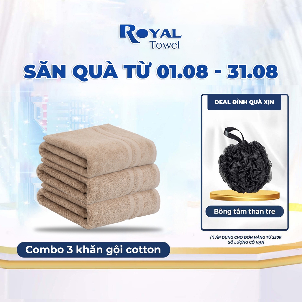 Bộ 3 Khăn Gội 35x80cm Royal Towel Sợi Bông Cotton Thấm Hút Không Ra Màu Dùng Cho Nhà Tắm Của Gia Đình Spa Khách Sạn