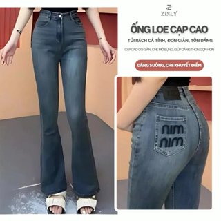 Quần Jean Nữ Ống Loe Cạp Cao Túi Thêu Chữ Màu Bụi Fom Ngắn Và Dài Q329