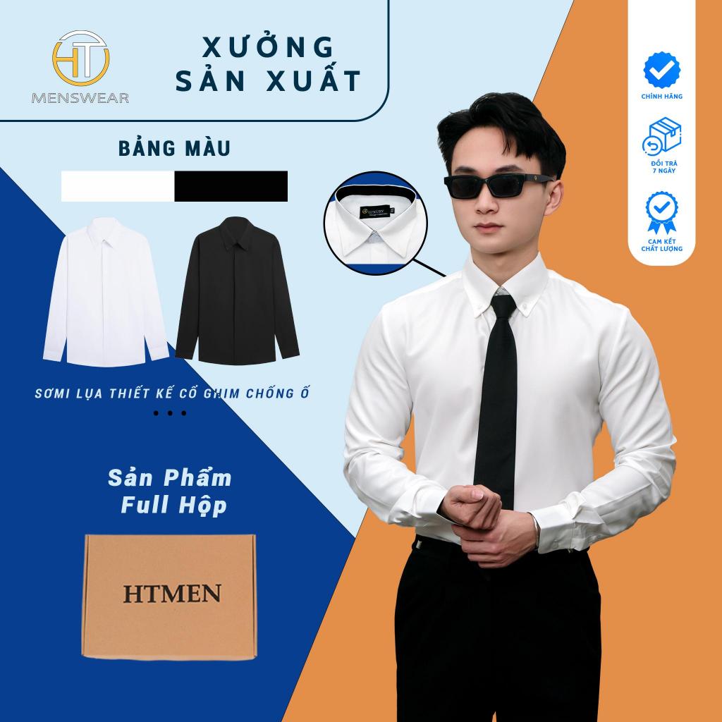 Áo sơ mi lụa cổ gim thiết kế lót gấm chống ố cổ và tay áo HTmen, chất vải lụa mềm mại, thấm hút tốt 