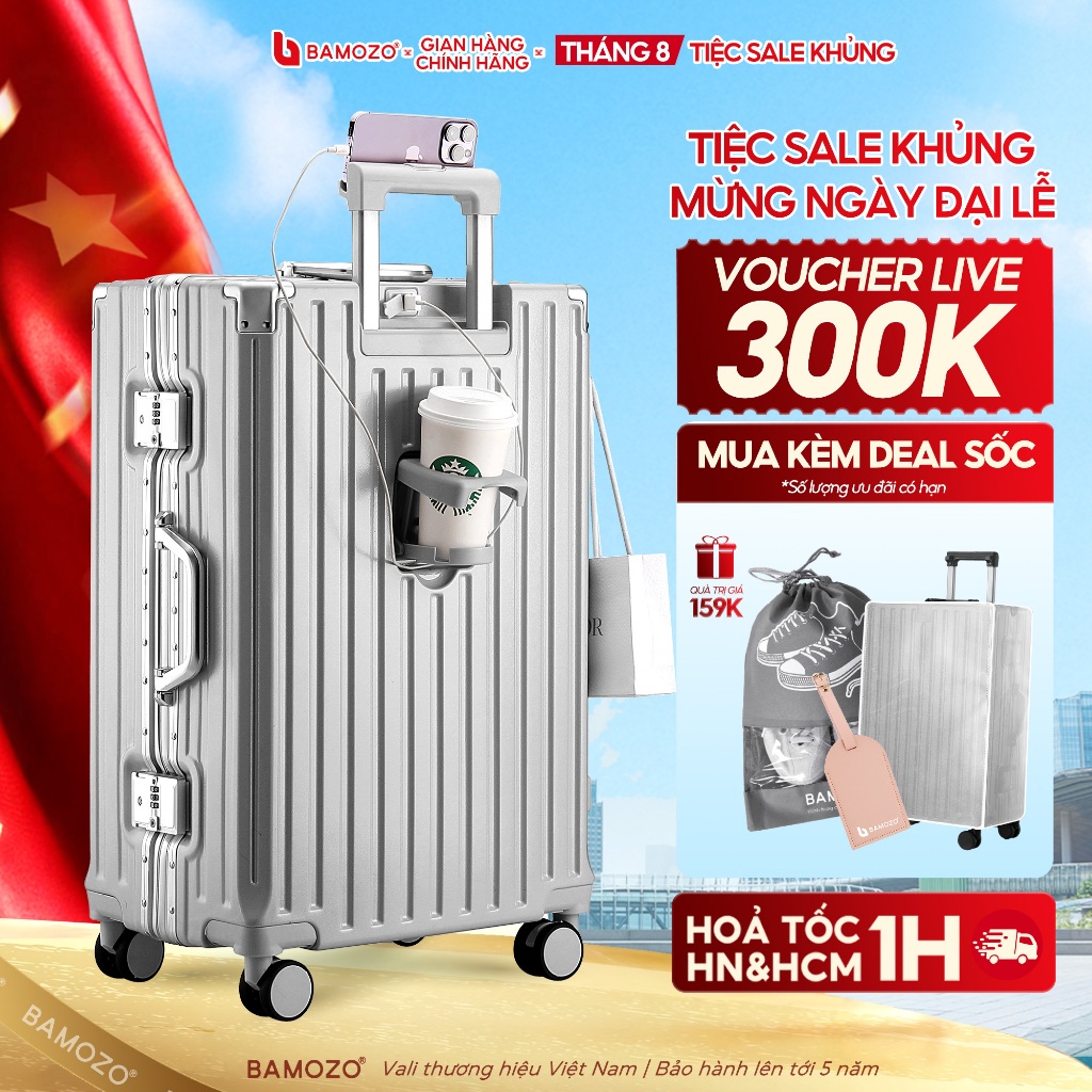 Vali du lịch Khung nhôm Bamozo Size 20/24/28 chống xước, có khóa sập, bo góc chống va đập _9066