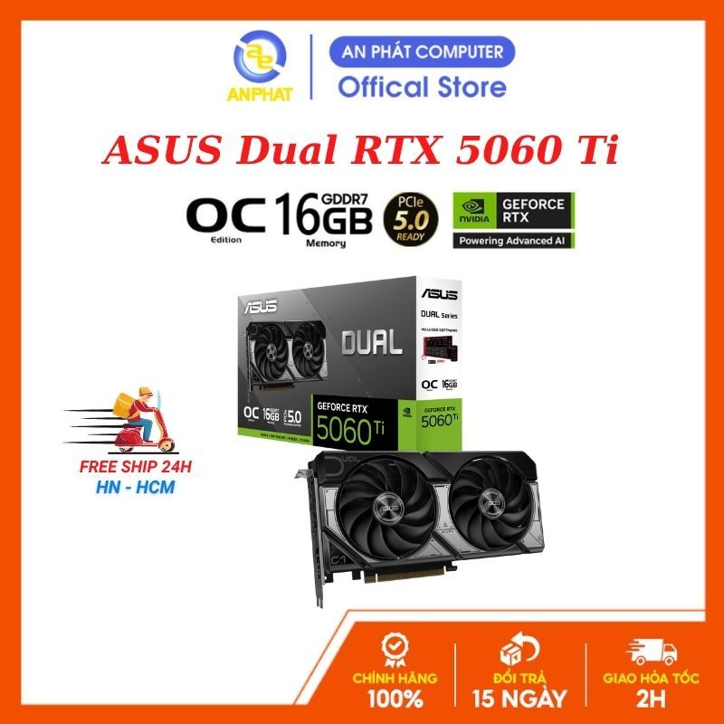 Bộ xử lý đồ họa (VGA) ASUS Dual RTX 5060 Ti 16GB GDDR7 OC (DUAL-RTX5060TI-O16G) - Chính Hãng BH 3 nă