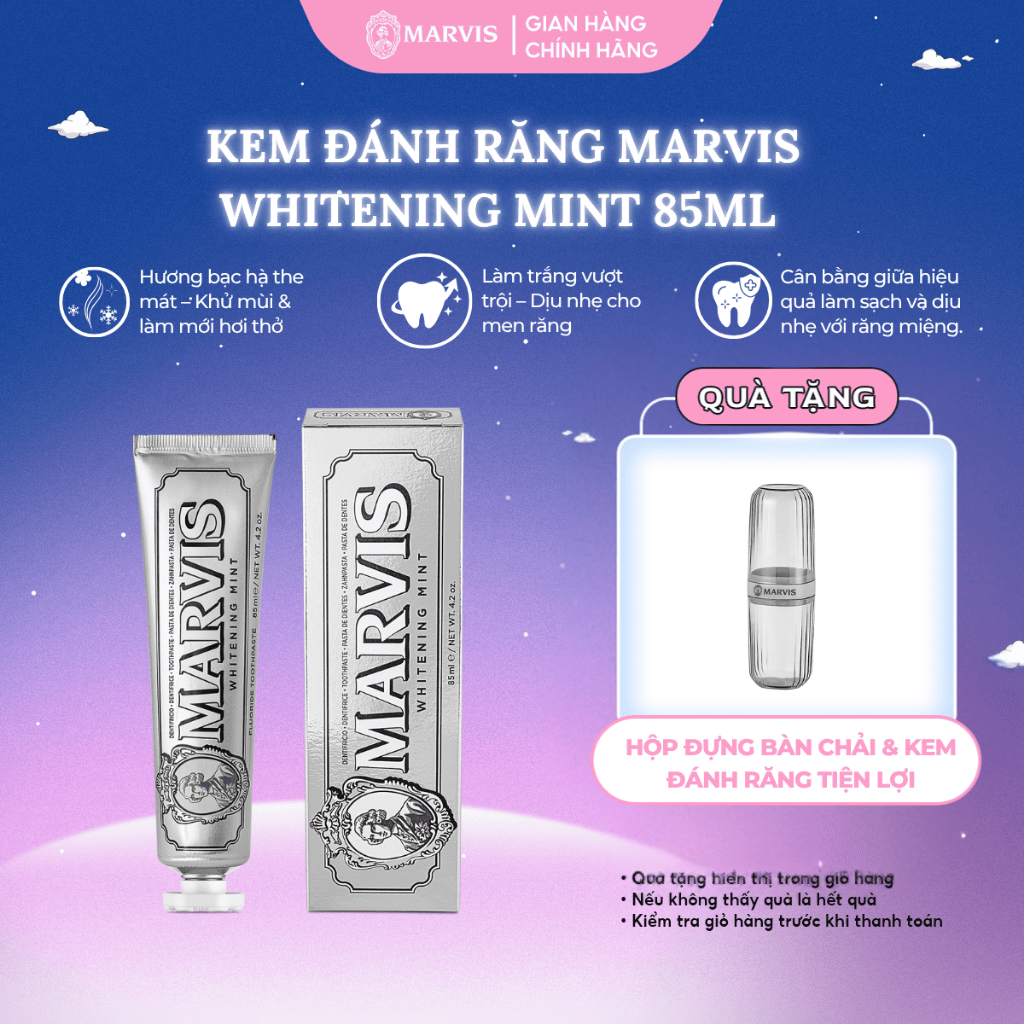 Kem đánh răng Marvis Whitening 85ML - Kem đánh răng Ý làm trắng, giảm mảng bám, bảo vệ răng miệng