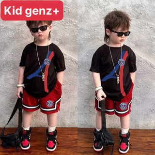  Bộ áo thun quần short paris chữ A bé trai  set áo phông quần cộc trẻ em unisex form xuông  kid genz 