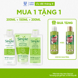 COMBO 3 BƯỚC DƯỠNG SIMPLE NƯỚC TẨY TRANG 200ML + SỮA RỬA MẶT 150ML + NƯỚC HOA HỒNG 200ML