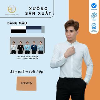  Áo sơ mi lụa CỔ TÀU HTmen Menswear Shirt Trắng dài tay trơn nẹp cúc ĐÓNG HỘP 