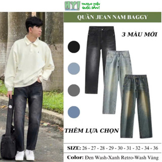 Quần jeans baggy nam ống suông rộng màu xanh, đen vải bò dày dặn T1 - HELLOYOU