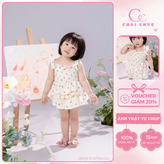 Set Áo Chân Váy Hoa Nhí Chip Liền Thân ChoiChuu Màu Trắng Kem Đáng Yêu, Chất Muslin Mềm Thoáng Mát