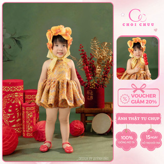  Váy đầm Yếm Tết Gấm Vàng công chúa ChoiChuu Design By Quỳnh Đào Phong Cách Bắc Bling Đáng Yêu Cho Bé Gái KHÔNG KÈM KHĂN 