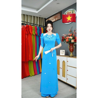  Áo dài màu xanh da trời cổ yếm  có voan  Lụa Mỹ cao cấp siêu mềm mướt không nhăn dáng ôm tay bồng trẻ trung sang trọng 