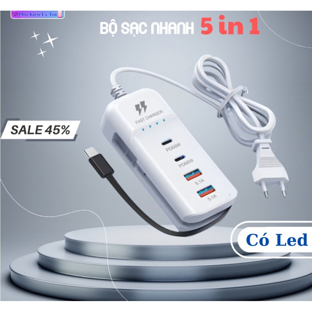 Bộ Sạc Đa Năng - Ổ Sạc 5 in 1 ( 2 Cổng PD & 2 Cổng USB Kèm 1 Dây TypeC ) Cực Kì Tiện Lợi , Tương Thích Với Nhiều Dây Sạc