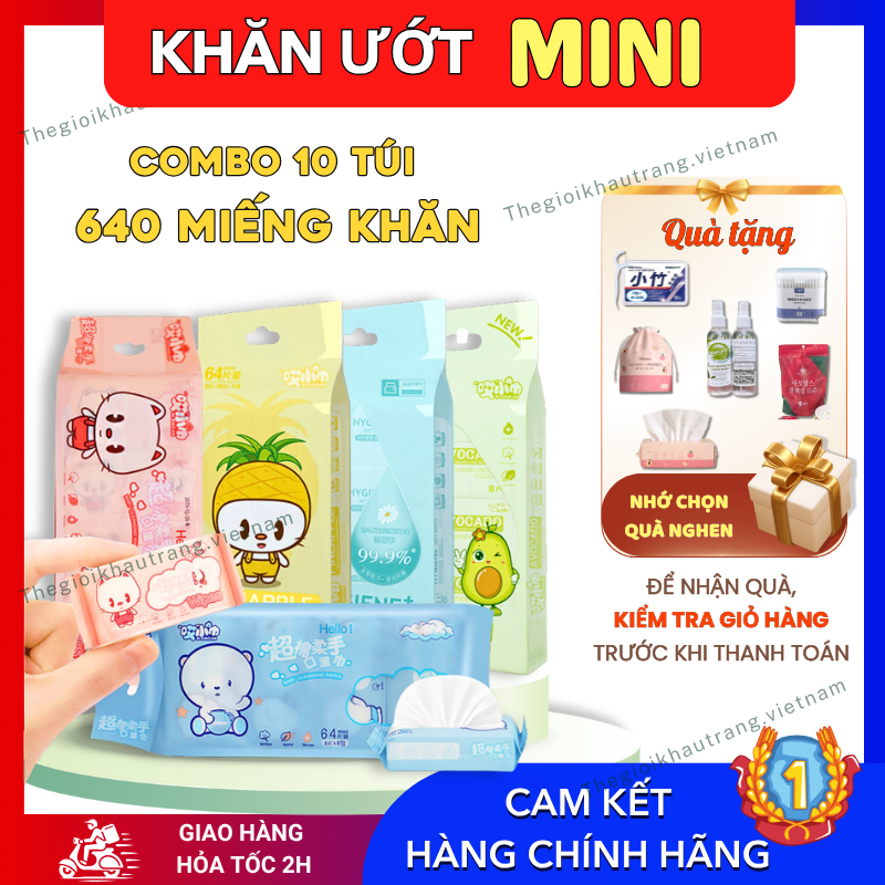 Combo 80 gói mini gồm 640 miếng khăn, khăn giấy ướt tiện dụng cho bé (10 túi)