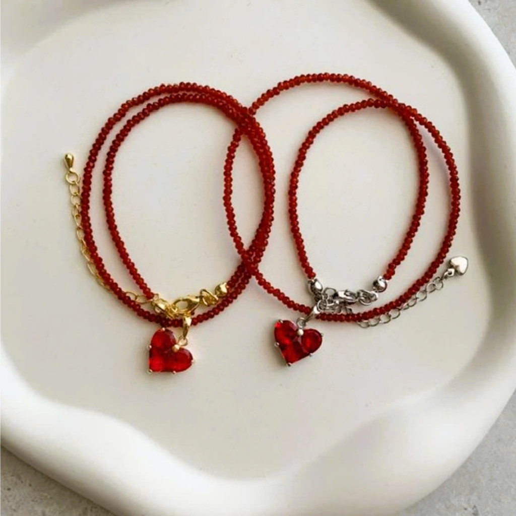 Vòng cổ pha lê đỏ phối tim PL8