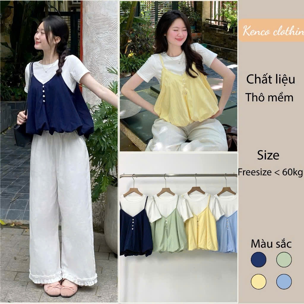 Set Yếm Nữ 2 Dây Dáng Bí Cúc Dọc Kèm Áo Thun Trơn (Có Bán Lẻ Yếm) Kenco clothing M3807 Thời Trang Nữ | BigBuy360 - bigbuy360.vn