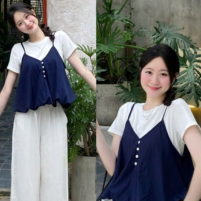 Set Yếm Nữ 2 Dây Dáng Bí Cúc Dọc Kèm Áo Thun Trơn (Có Bán Lẻ Yếm) Kenco clothing M3807 Thời Trang Nữ | BigBuy360 - bigbuy360.vn