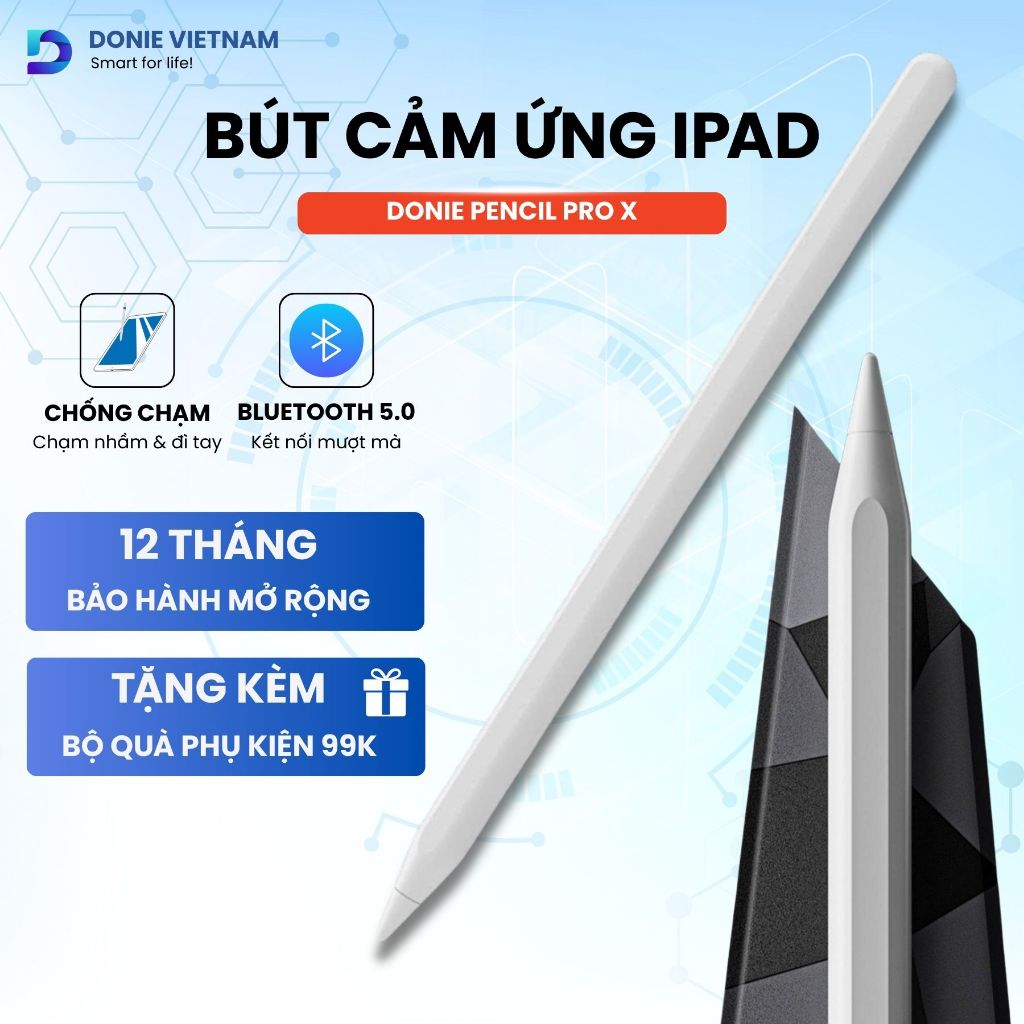 Bút Cảm Ứng iPad Donie Pencil Pro X - Sạc Kép (Nam Châm + Type-C), Bluetooth Hiển Thị Pin, Cảm Ứng Nghiêng, Chống Tì Đè