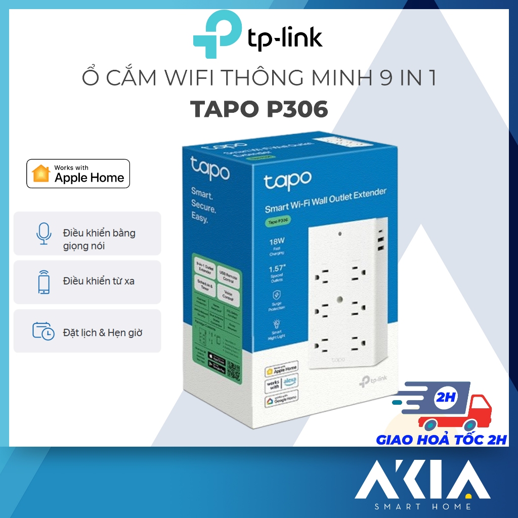 Ổ cắm thông minh TP-Link Tapo P306 9 in 1, Sạc nhanh usb 18W, điều khiển từ xa, hỗ trợ Homekit