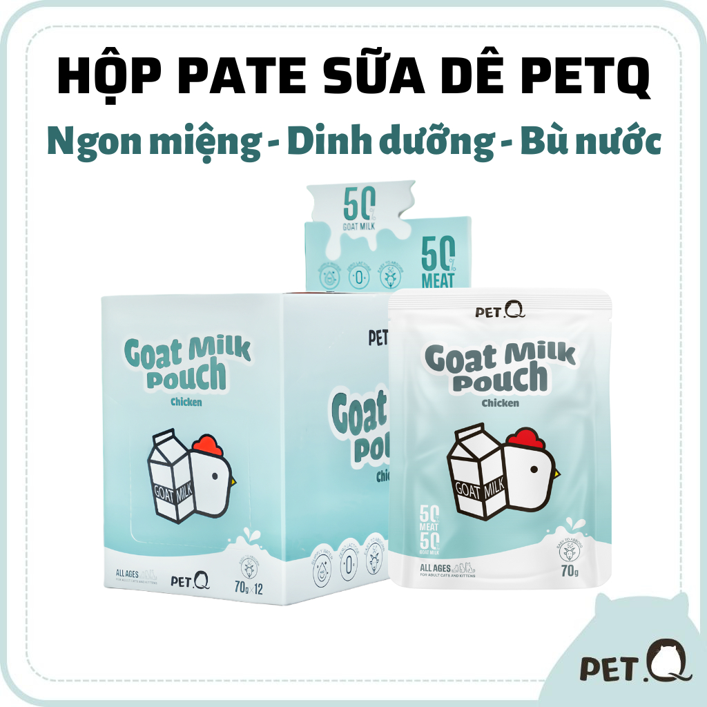   Hộp 12 gói  Pate cho mèo PetQ Pate sữa dê cao cấp 50% thịt 50% sữa dê Ngon miệng Dinh dưỡng cao Mọi tuổi mèo 70g 